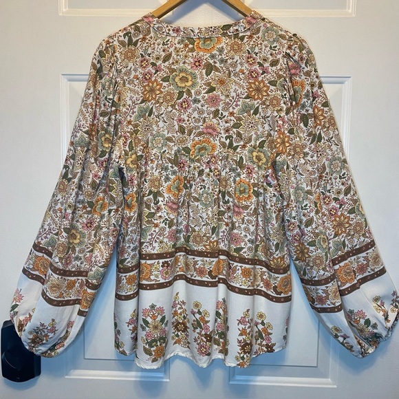 Blu Pepper Sz S Floral Bohemian Burton Blouse - Cream & Brown Balloon Sleeves - Picture 2 of 15